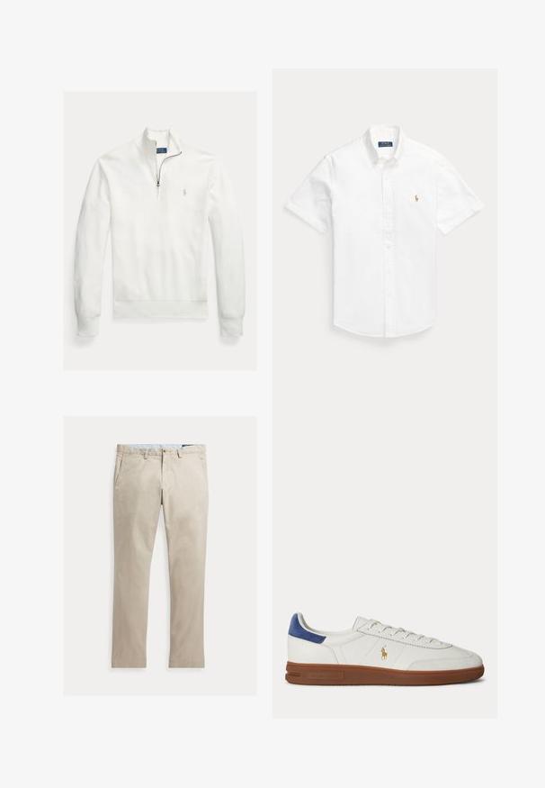 Weißer Pullover mit langem Ärmel, Reißverschlusskragen, gewebter Textur und einem kleinen, grauen, gestickten Logo auf der linken Brust.; Weißes kurzärmliges Hemd mit Kragen und besticktem Polo Ralph Lauren-Logo auf der linken Brust.; Beige Baumwollhose mit geradem Bein, Fronttaschen, Gürtelschlaufen, Knopfverschluss und Reißverschluss, flach auf weißem Hintergrund dargestellt.; Weißer Low-Top Sneaker mit brauner Sohle, blauem Fersenlasche, Schnürsenkeln und goldenem Polo Ralph Lauren Logo an der Seite.