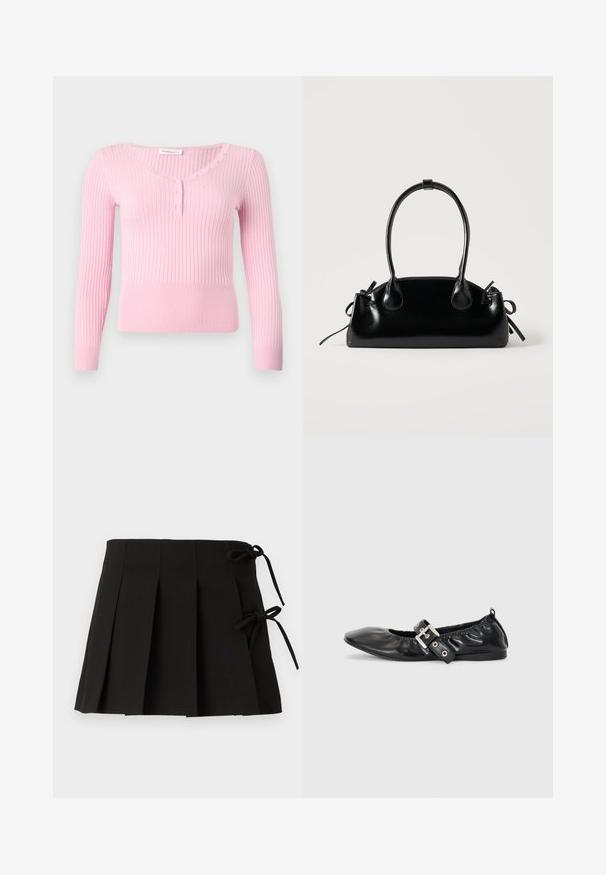 Pull en maille côtelée rose clair avec manches longues, col en V et sept petits boutons assortis le long de l'encolure et de la patte de boutonnage avant.; Jupe plissée noire avec des liens sur les côtés, fabriquée dans un tissu à la texture lisse ; elle présente un design structuré et des lignes épurées.; Chaussure plate en cuir noir avec un nez pointu, des détails froncés autour de l'ouverture et un accent en boucle argentée sur la bride ajustable.; Petit sac à main noir brillant avec deux longues anses et des détails à cordon sur les côtés sur un fond clair uni.