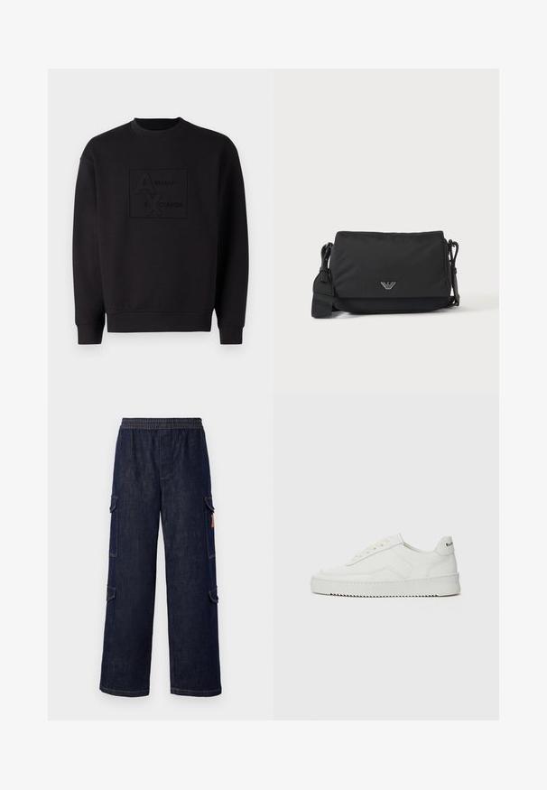 Schwarzes Sweatshirt mit Rundhalsausschnitt, mit einem geprägten Armani Exchange-Logo in der Mitte. Hergestellt aus weichem Stoff mit lockerer Passform.; Dunkelblaue Denim-Cargo-Hosen mit einem entspannten Schnitt, ausgestattet mit einem elastischen Bund, Seitentaschen und kontrastierenden Nähdetails.; Weiße Ledersneaker mit glatter Oberfläche, runder Zehenpartie, flachen Schnürsenkeln und strukturiertem Sohlenprofil. Mit einem dezenten Logo an der Ferse.; Schwarze Umhängetasche mit verstellbarem Riemen und kleinem silbernem Logoemblem auf der Vorderklappe, dargestellt auf einfachem hellem Hintergrund.