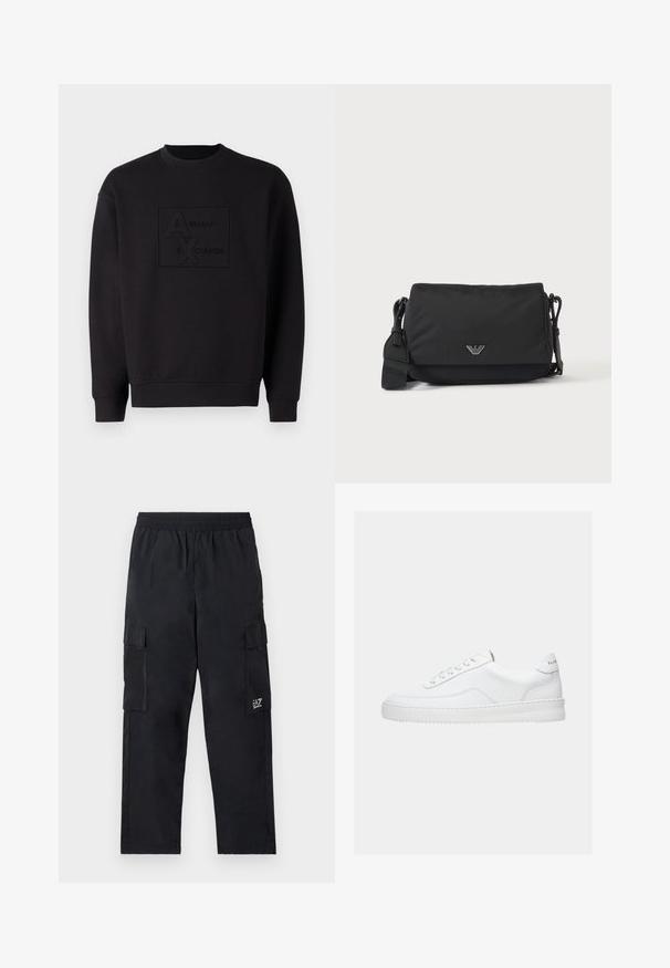 Schwarzes Sweatshirt mit Rundhalsausschnitt, mit einem geprägten Armani Exchange-Logo in der Mitte. Hergestellt aus weichem Stoff mit lockerer Passform.; Schwarze Cargo-Hosen mit einem elastischen Bund, Seitentaschen und einem kleinen Logo am linken Bein. Hergestellt aus leichtem, glattem Stoff.; Weißer Sneaker mit niedrigem Schaft, Schnürdesign, glattem Lederobermaterial und dicker Sohle, von der Seite auf einfachem Hintergrund gezeigt.; Schwarze Umhängetasche mit verstellbarem Riemen und kleinem silbernem Logoemblem auf der Vorderklappe, dargestellt auf einfachem hellem Hintergrund.