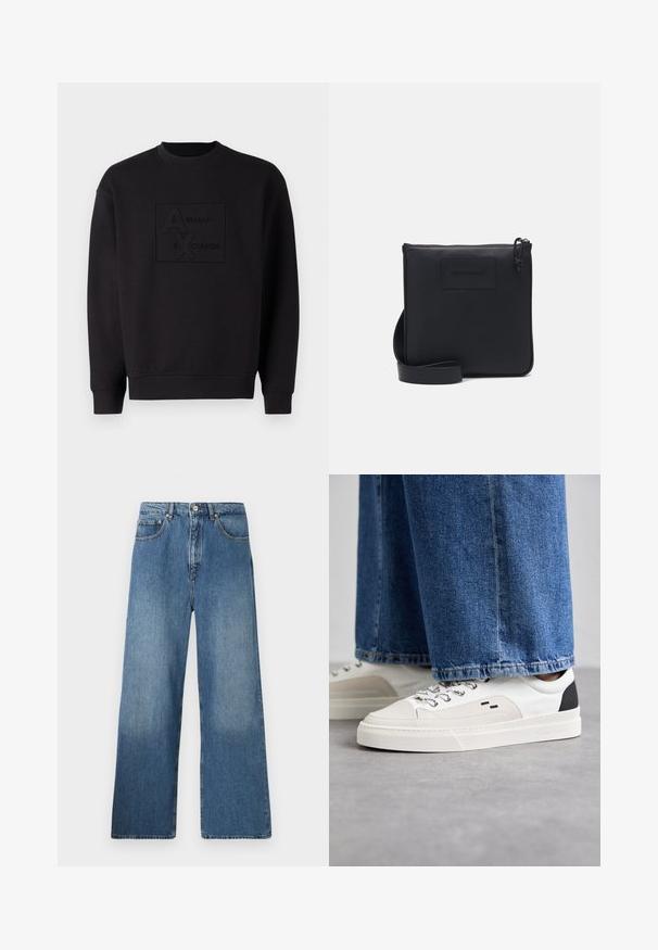 Zwarte sweatshirt met een ronde halslijn, voorzien van een reliëf Armani Exchange-logo in het midden. Gemaakt van zachte stof met een losse pasvorm.; Lange blauwe denim jeans met een klassiek vijf-pocket ontwerp, voor sluiting met een knoop en een lichte vervaging voor textuur.; Witte en zwarte sneakers met een glad leren bovenwerk, textuuraccenten en een chunky witte zool. Heeft een klassiek vetersluiting ontwerp.; Zwarte leren schoudertas met een gestructureerde afwerking, rechthoekige vorm, ritssluiting en verstelbare schouderband. Kenmerkt zich door een subtiele merklogo aan de voorkant.