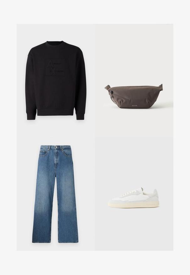 Schwarzes Sweatshirt mit Rundhalsausschnitt, mit einem geprägten Armani Exchange-Logo in der Mitte. Hergestellt aus weichem Stoff mit lockerer Passform.; Breite blaue Denim-Jeans mit klassischem Fünf-Taschen-Design, Knopfverschluss vorne und leichtem Verblassen für Textur.; Weißer Sneaker mit strukturiertem Obermaterial aus Wildleder und Leder. Verfügt über eine runde Zehenpartie, Schnürverschluss und eine kontrastierende beige Gummisohle.; Dunkelbraune Stoff-Gürteltasche mit diagonalem Reißverschlussfach und kleinem weißen Logo vorne, vor einem einfarbigen hellen Hintergrund.