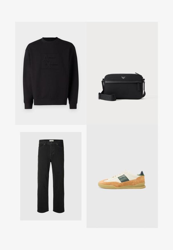 Zwarte sweatshirt met een ronde halslijn, voorzien van een reliëf Armani Exchange-logo in het midden. Gemaakt van zachte stof met een losse pasvorm.; Zwarte denim rechte jeans hebben een klassiek vijf-pocket ontwerp met knoopsluiting, minimale stiksels en een zachte textuur.; Witte en tan sport sneaker van suède en leer. Groene accentstreep, rubberen zool en minimale branding in goud aan de zijkant.; Zwarte rechthoekige crossbodytas met voorvak met rits, verstelbare schouderriem en klein metalen logo bovenaan in het midden.