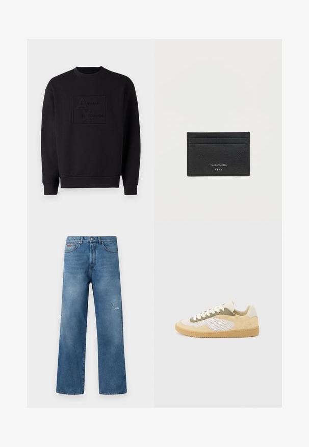 Zwarte sweatshirt met een ronde halslijn, voorzien van een reliëf Armani Exchange-logo in het midden. Gemaakt van zachte stof met een losse pasvorm.; Blauwe denim jeans met een rechte pijp, lichte slijtage aan de rechterdij, vijfzakkenmodel en een tailleband met knoopsluiting.; Lage sneaker van beige suède, witte mesh panelen, olijfkleurige accenten, witte veters en een zool van kauwgomrubber op een lichtgrijze achtergrond.; Zwarte, getextureerde leren kaarthouder met twee kaartvakken en "Tiger of Sweden 1903" in het wit gedrukt op de voorkant in het midden.