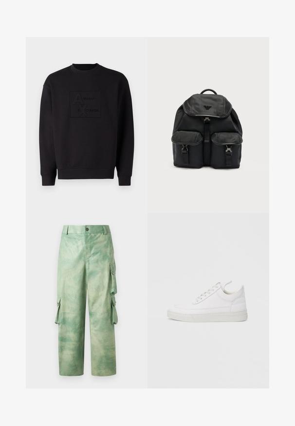 Zwarte sweatshirt met een ronde halslijn, voorzien van een reliëf Armani Exchange-logo in het midden. Gemaakt van zachte stof met een losse pasvorm.; Les Benjamins VINTAGE PANT - Leren broek - army green; Witte leren sneaker met een afgeronde neus, platte zool en veters aan de voorkant. Voorzien van stikseldetails en een gevoerde kraag voor comfort.; Zwarte stoffen rugzak met bovenklep, twee voorvakken met gesp en een logo-embleem op de klep tegen een effen lichte achtergrond.