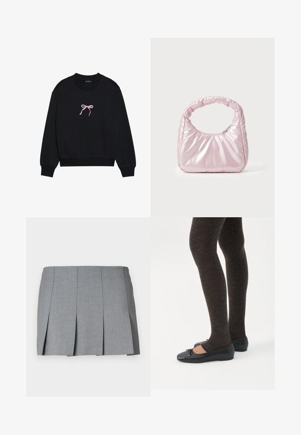 Zwarte sweatshirt van zacht materiaal, met een roze geborduurde strik aan de voorkant. Ronde halslijn, lange mouwen en geribbelde manchetten.; Grijze geplooide rok met een gladde textuur, gestructureerd ontwerp en een aansluitende taille. Gemaakt van een lichtgewicht stof met een subtiel patroon.; Benen met donkere geribbelde leggings gecombineerd met zwarte ballerina's met kleine strikdetails op een witte achtergrond.; Roze, gevoerde handtas met een afgeronde vorm, gemaakt van glanzend materiaal. Beschikt over een geplooide handgreep en een ritssluiting voor veilige toegang.