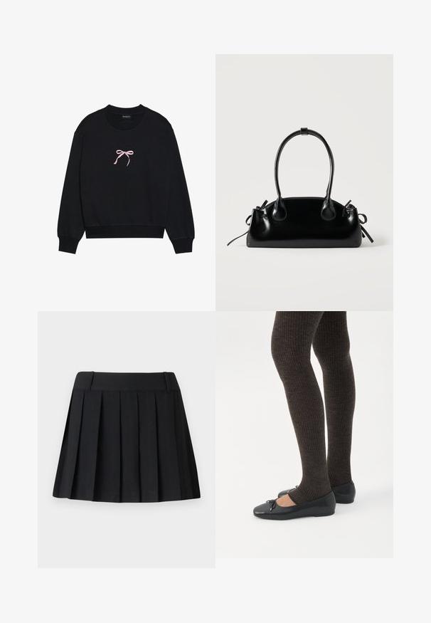 Zwarte sweatshirt van zacht materiaal, met een roze geborduurde strik aan de voorkant. Ronde halslijn, lange mouwen en geribbelde manchetten.; Zwarte geplooide rok met een op maat gemaakte tailleband, gemaakt van lichte stof. Kenmerkt zich door gelijkmatig verdeelde plooien en een eenvoudig, strak ontwerp.; Benen met donkere geribbelde leggings gecombineerd met zwarte ballerina's met kleine strikdetails op een witte achtergrond.; Kleine zwarte glanzende handtas met twee lange hengsels en zijkant trekkoord details op een effen lichte achtergrond.