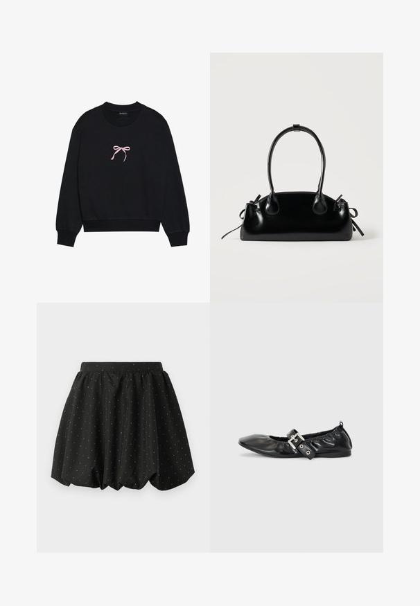 Sort sweatshirt lavet af blødt stof, med en lyserød broderet sløjfe på forsiden. Rund halsudskæring, lange ærmer og ribbede mansjetter.; Sort bubble nederdel med elastisk talje og hvid prikket mønster. Lavet af letvægtsstof, med et voluminøst design og buet kant.; Sorte læder flade sko med spids tå, samling detaljer omkring åbningen, og en sølv spænde accent på den justerbare rem.; Lille sort blank håndtaske med to lange håndtag og snøre-detaljer i siden på en ensfarvet lys baggrund.