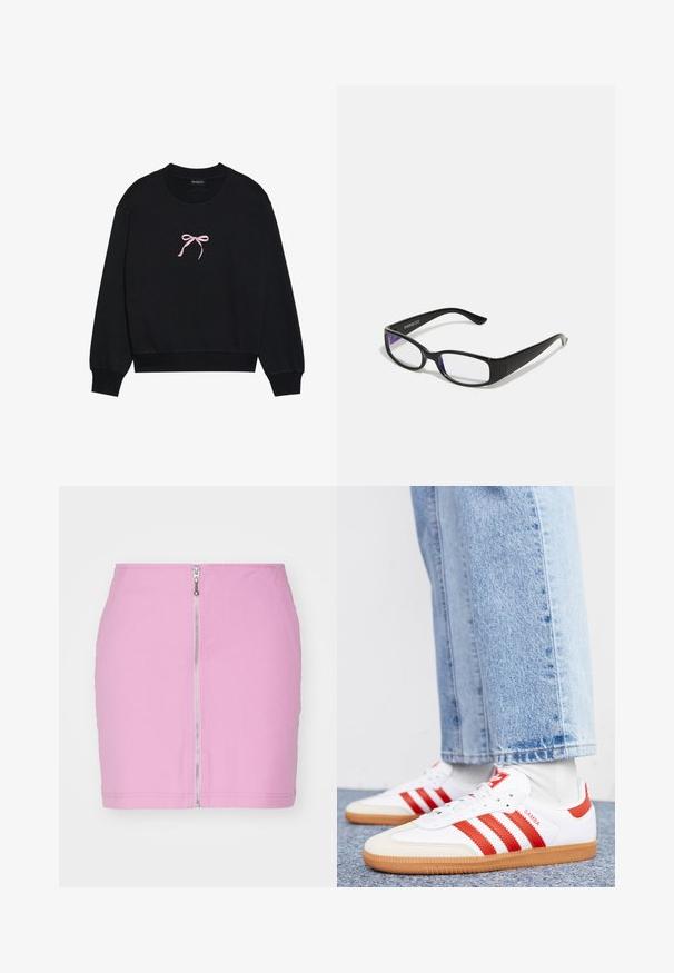 Zwarte sweatshirt van zacht materiaal, met een roze geborduurde strik aan de voorkant. Ronde halslijn, lange mouwen en geribbelde manchetten.; Roze denim mini-rok met een rits aan de voorkant, een nauwsluitend ontwerp en een schone afwerking aan de zoom. Eenvoudige, effen kleur zonder patronen.; Witte leren sneakers met rode strepen en accenten. Voorzien van een getextureerde gumrubberen outsole en een gevoerde kraag. Draag ze met lichtblauwe denim.; Zwarte rechthoekige bril met heldere glazen. Glanzende afwerking, smalle veren en paarse tint zichtbaar aan de randen van de glazen.
