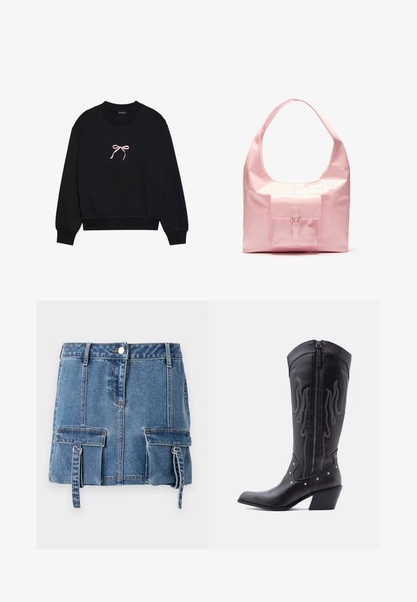 Sort sweatshirt lavet af blødt stof, med en lyserød broderet sløjfe på forsiden. Rund halsudskæring, lange ærmer og ribbede mansjetter.; Lysblå denim mini nederdel med høj talje, frontlukning med knapper og to forlommer med justerbare stropper.; Sorte cowboystøvler i læder med spids tå, synlige sømme, sølvfarvede nitte-detaljer og lynlås på den indvendige side.; Lyserød håndtaske med en blank finish, stor skulderrem, forlommer med dekorativ spænde detalje. Glat tekstur, minimalistisk design.