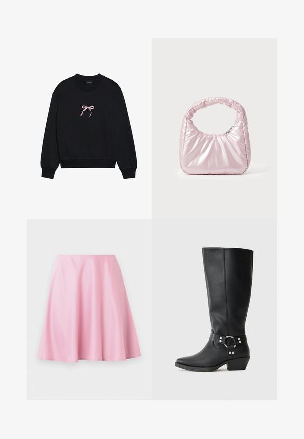 Sort sweatshirt lavet af blødt stof, med en lyserød broderet sløjfe på forsiden. Rund halsudskæring, lange ærmer og ribbede mansjetter.; Lyserød knælang A-formet nederdel med glat stof og lette folder, vist mod en ensfarvet hvid baggrund.; Sorte læderknæhøje støvler med spids tå, der har en dekorativ ankelrem og sølvfarvede hardware-detaljer. Lav stablet hæl.; Rosa, polstret håndtaske med afrundet design, lavet af skinnende materiale. Har et samlet håndtag og en lynlås til sikker adgang.