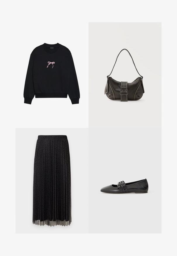 Zwarte sweatshirt van zacht materiaal, met een roze geborduurde strik aan de voorkant. Ronde halslijn, lange mouwen en geribbelde manchetten.; Zwarte geplooide midi-rok met een subtiele luipaardprint, elastische tailleband en een doorschijnende textuur aan de zoom.; Zwarte platte schoen met een spitse neus, gemaakt van glad leer. Bevat drie decoratieve banden met gespen over de wreef.; Zwarte leren schoudertas met gespsluiting aan de riem, afgeronde hoeken en contrasterende witte stiksels op een effen achtergrond.