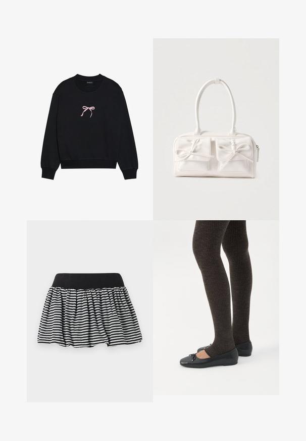 Sort sweatshirt lavet af blødt stof, med en lyserød broderet sløjfe på forsiden. Rund halsudskæring, lange ærmer og ribbede mansjetter.; Stribet sort og hvid nederdel med et samlet design og elastisk talje, lavet af blødt materiale. Har en udvidet form for fylde.; Ben iført mørke ribbede leggings kombineret med sorte balletsko med små sløjfedetaljer på hvid baggrund.; Hvid syntetisk håndtaske med to forlommer, hver med en bundet sløjfedetalje. Glat tekstur, afrundede håndtag og lynlås lukning.