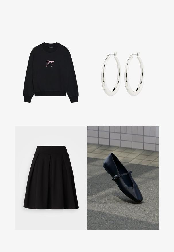 Zwarte sweatshirt van zacht materiaal, met een roze geborduurde strik aan de voorkant. Ronde halslijn, lange mouwen en geribbelde manchetten.; Zwarte geplooide rok gemaakt van zachte stof, met een hoge tailleband en een uitlopende A-lijn vorm, geschikt voor diverse gelegenheden.; Zwarte leren Mary Jane platte schoen met een klein gespje, geplaatst op een grijs asfaltoppervlak nabij een betegelde muur.; Zilveren oorbellen in de vorm van een gladde, glanzende ring. Circulaire vorm, voorzien van een veilige sluiting. Eenvoudig en elegant ontwerp.
