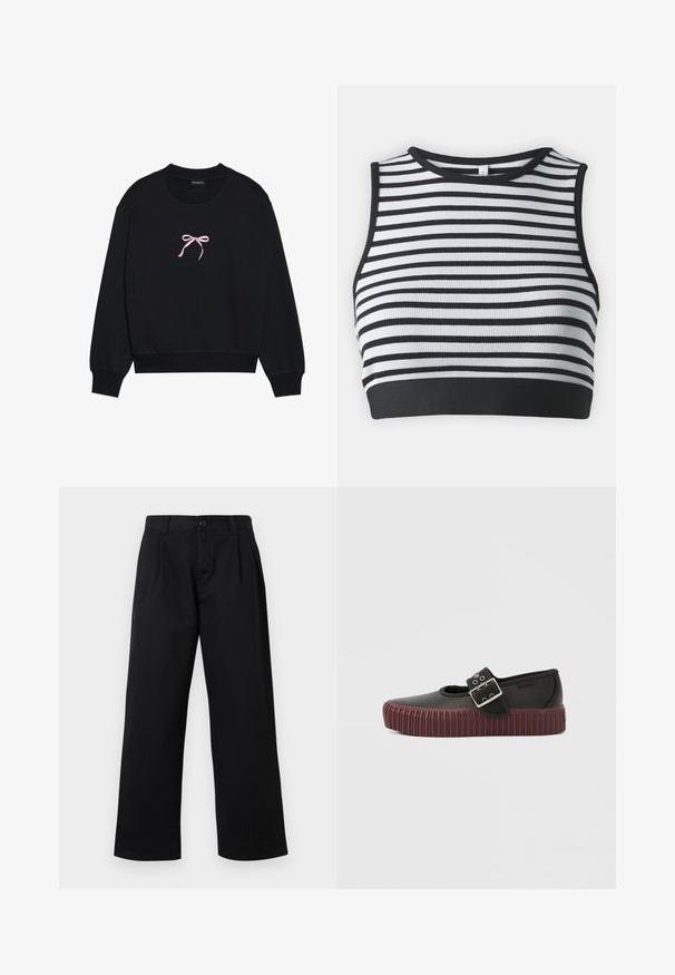 Sort sweatshirt lavet af blødt stof, med en lyserød broderet sløjfe på forsiden. Rund halsudskæring, lange ærmer og ribbede mansjetter.; Sort og hvid stribet ærmeløs crop top med ribbet tekstur og en solid sort kant. Rund halsudskæring med kontrasterende kant.; Sorte, højttaljede bukser med vide ben, bæltestropper, knaplukning foran, lynlås og to sidelommer.; Sort slip-on sko med afrundet design, der har en markant spænde og en ribbet bordeaux ydersål. Glat lædertekstur.