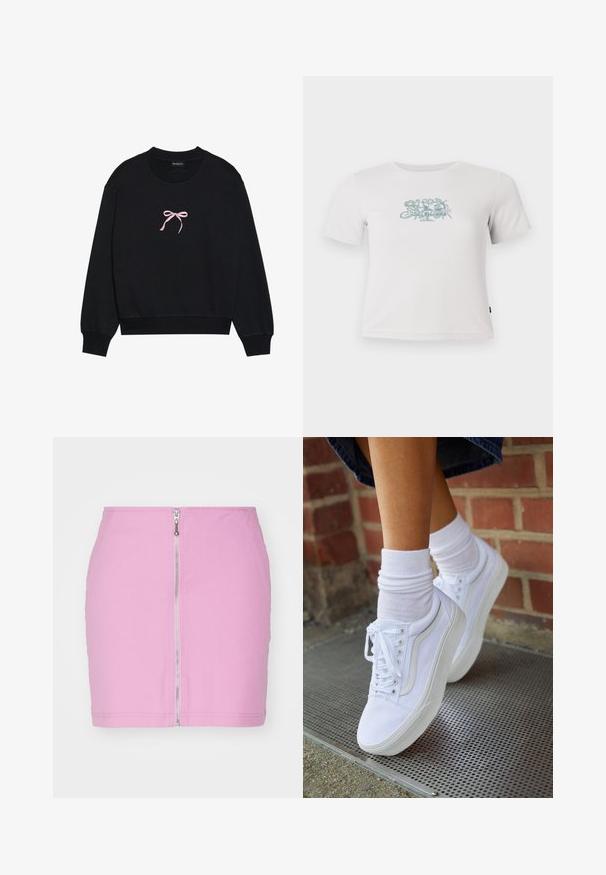 Zwarte sweatshirt van zacht materiaal, met een roze geborduurde strik aan de voorkant. Ronde halslijn, lange mouwen en geribbelde manchetten.; Korte witte geribbelde T-shirt met korte mouwen en een kleine groene bloemenafbeelding in het midden van de borst.; Roze denim mini-rok met een rits aan de voorkant, een nauwsluitend ontwerp en een schone afwerking aan de zoom. Eenvoudige, effen kleur zonder patronen.; Witte canvas sneakers met rubberen zolen, voorzien van zes vetertjes, een ronde neus en lichte stikdetails, gecombineerd met witte enkelsokken.