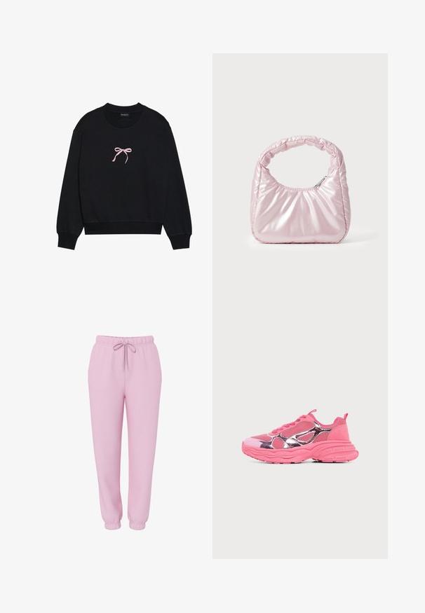 Sort sweatshirt lavet af blødt stof, med en lyserød broderet sløjfe på forsiden. Rund halsudskæring, lange ærmer og ribbede mansjetter.; Lyserøde joggers med elastisk linning, snørebånd, sidelommer og elastiske manchetter, vist på hvid baggrund.; Kraftig lyserød sneaker med meshstof, metalliske lyserøde accenter, tyk tekstureret sål og trækstrop på hælen.; Rosa, polstret håndtaske med afrundet design, lavet af skinnende materiale. Har et samlet håndtag og en lynlås til sikker adgang.