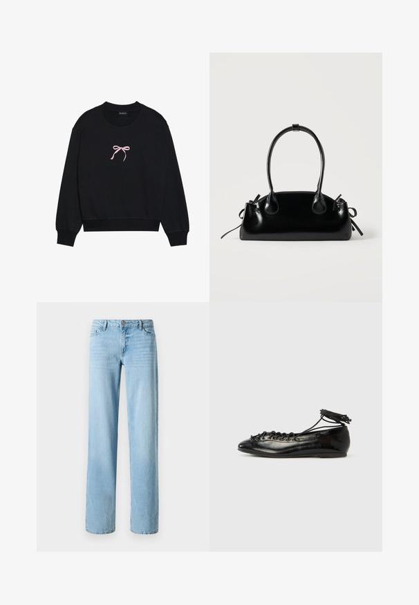 Zwarte sweatshirt van zacht materiaal, met een roze geborduurde strik aan de voorkant. Ronde halslijn, lange mouwen en geribbelde manchetten.; Lichtblauwe denim jeans, met een recht ontwerp, voorzien van vijf zakken en een knoopsluiting aan de voorkant. Soepele textuur met subtiele vervaging.; Zwarte ballerina's van lakleer met een afgeronde neus, veterdesign en een platte zool. Glad oppervlak met minimale details.; Kleine zwarte glanzende handtas met twee lange hengsels en zijkant trekkoord details op een effen lichte achtergrond.