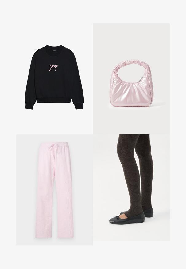 Sort sweatshirt lavet af blødt stof, med en lyserød broderet sløjfe på forsiden. Rund halsudskæring, lange ærmer og ribbede mansjetter.; Lyserøde pyjamasbukser i et struktureret stof med en løs pasform, der har en elastisk talje og snøre til justering.; Ben iført mørke ribbede leggings kombineret med sorte balletsko med små sløjfedetaljer på hvid baggrund.; Rosa, polstret håndtaske med afrundet design, lavet af skinnende materiale. Har et samlet håndtag og en lynlås til sikker adgang.