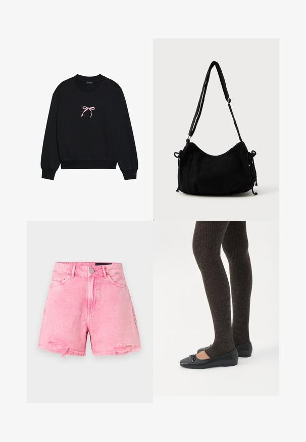 Sort sweatshirt lavet af blødt stof, med en lyserød broderet sløjfe på forsiden. Rund halsudskæring, lange ærmer og ribbede mansjetter.; Lyserøde denimshorts med højtaljede, frynsete kanter, forreste knap- og lynlåslukning samt let slidte detaljer nær lommerne.; Ben iført mørke ribbede leggings kombineret med sorte balletsko med små sløjfedetaljer på hvid baggrund.; Sort kordfløjls skuldertaske med en buet form, justerbar strop og snorelukninger på begge sider til størrelsejustering.