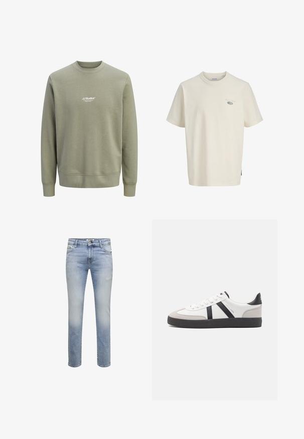 Sweat-shirt vert olive clair à col ras du cou, manches longues, avec un petit logo blanc "JJ Studios" centré sur la poitrine.; T-shirt à manches courtes écru avec petit texte gris et graphisme ovale sur la poitrine gauche, étiquette Jack & Jones à l'intérieur du col.; Jean slim bleu clair avec légère décoloration et design classique à cinq poches, fermeture par bouton et zip.; Baskets blanches avec des accents noirs et gris, présentant un embout texturé gris, une semelle en caoutchouc noir et des lacets plats blancs. Design épuré, style minimaliste.
