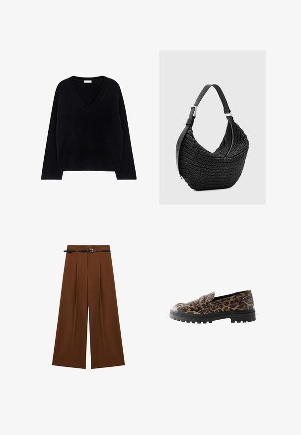 Pull en tricot noir avec col en V, manches longues et ourlet côtelé. Texture douce avec une coupe décontractée et un design minimaliste.; Pantalons larges marron avec des plis avant, taille haute, et une ceinture noire avec une boucle en métal. Tissu lisse au design ajusté.; Mocassin à petit talon avec semelle noire robuste et dessus en imprimé léopard marron, doté d'une bride classique type penny sur le devant.; Sac à bandoulière noir tissé avec une large sangle en cuir réglable et une fermeture éclair argentée, présenté sur un fond clair uni.