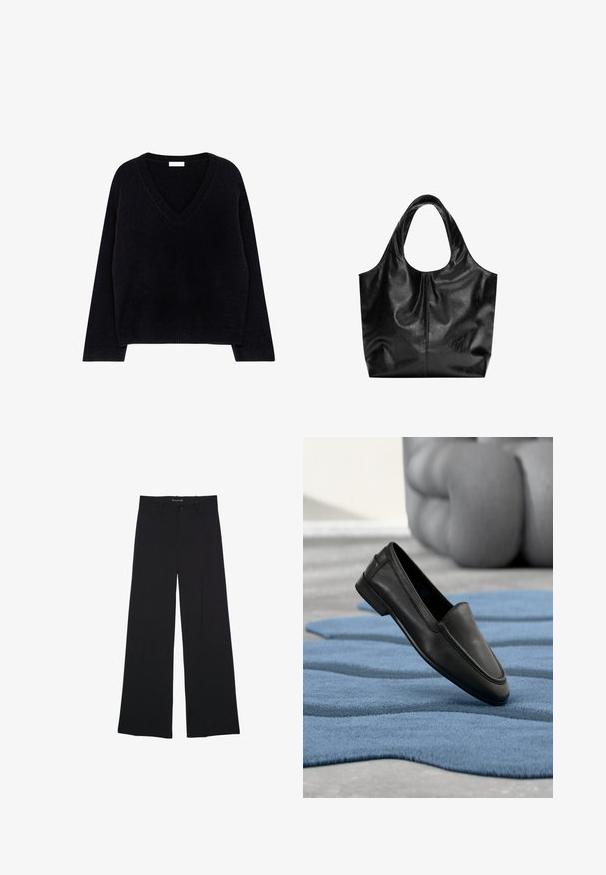 Pull en tricot noir avec col en V, manches longues et ourlet côtelé. Texture douce avec une coupe décontractée et un design minimaliste.; Pantalon noir à jambes larges avec fermeture par bouton et zip, passants de ceinture et finition lisse et ajustée.; Chaussure slip-on en cuir noir à finition lisse, bout arrondi et semelle plate, posée sur un tapis bleu texturé avec des motifs ondulés.; Sac fourre-tout en cuir noir avec une texture lisse, un haut arrondi doux et de larges poignées. Présente une couture minimale et une silhouette décontractée.