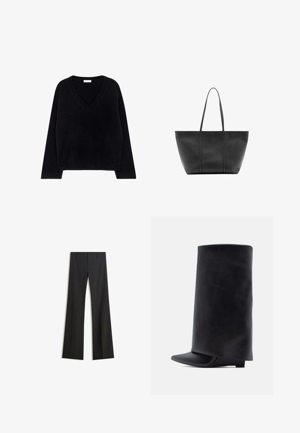 Pull en tricot noir avec col en V, manches longues et ourlet côtelé. Texture douce avec une coupe décontractée et un design minimaliste.; Pantalon noir évasé avec une texture lisse, doté d'une coupe ajustée et d'une taille cintrée. Aucun motif ou ornement visible.; Bottines en cuir noir avec une tige haute cylindrique, un bout pointu et un talon plat bas, présentant une texture lisse et un design minimaliste.; Sac cabas en cuir noir avec de longues anses fines, une surface texturée et une ouverture large en haut.