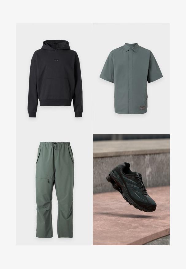 Schwarzer Hoodie aus Baumwollmischung, mit einer Kängurutasche, gerippten Bündchen und einem Logodetail auf der Brust. Klassische, lockere Passform.; Kurzarmhemd aus gedämpftem grünem Stoff, mit klassischem Kragen, Knopfleiste, Seitentaschen und einem Etikett am Saum.; Grüne, leichte Hosen mit elastischem Bund, Kordelzug und mehreren Taschen. Glatte Textur mit einer lässigen, lockeren Passform.; Schwarzer athletischer Sneaker mit sichtbarer Air-Cushioning-Zwischensohle, der über einer rosa Steinoberfläche mit grauer Steinmauer im Hintergrund schwebt.