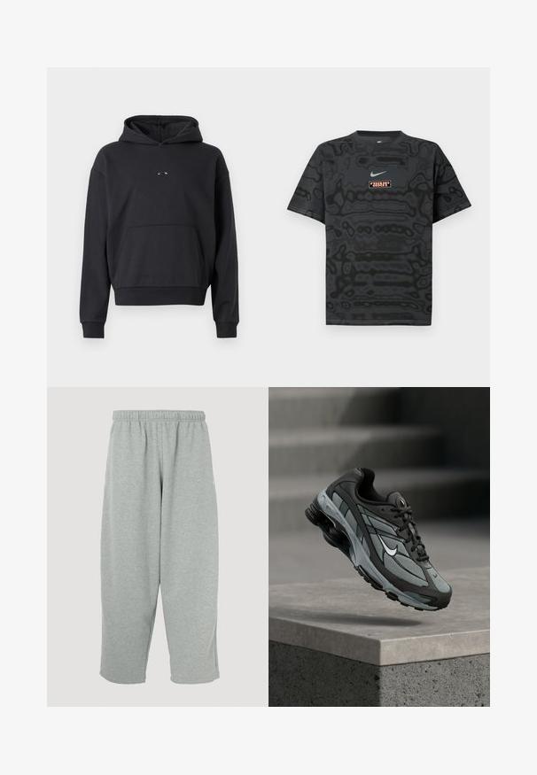 Mustast puuvillasegust jakist, millel on känguru-taskud, ribistatud varrukaotsad ja logo detail rinnal. Klassikaline, mugav lõige.; Must T-särk tekstuurse mustriga, millel on helesinine väike Nike logo ja ristkülikukujuline kontrastsetes värvides logomärk.; Heleroosad dressipüksid, millel on elastne vöökoht, kitseneva lõikega sääred ja pehme tekstuur. Puuduvad nähtavad brändimärgid või mustrid.; Hall ja musta sportlik toss, millel on võrkmaterjalist paneelid ja paks tald, paigutatud õhus betoonist äärekivi ja treppide kohal taustal.
