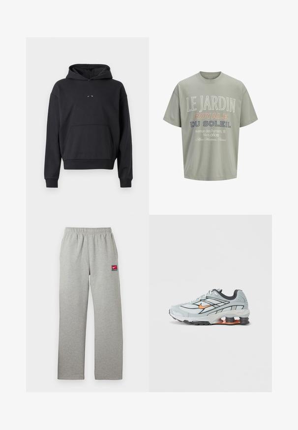Schwarzer Hoodie aus Baumwollmischung, mit einer Kängurutasche, gerippten Bündchen und einem Logodetail auf der Brust. Klassische, lockere Passform.; Hellgrünes Kurzarm-T-Shirt mit französischem Text "Le Jardin Royale du Soleil" und einer Adresse, die in Weiß, Rosa und Marineblau auf der Vorderseite aufgedruckt sind.; Graue Jogginghose mit elastischem Bund, geradem Schnitt und einem kleinen rot-weißen Nike-Logo-Patch auf der linken Seite. Weiche Textur.; Hellgrauer Laufschuh mit schwarzen Akzenten, orangefarbenem Logo, Mesh-Obermaterial, gepolstertem Schaft und Gummisohle mit sichtbaren stoßdämpfenden Einheiten.