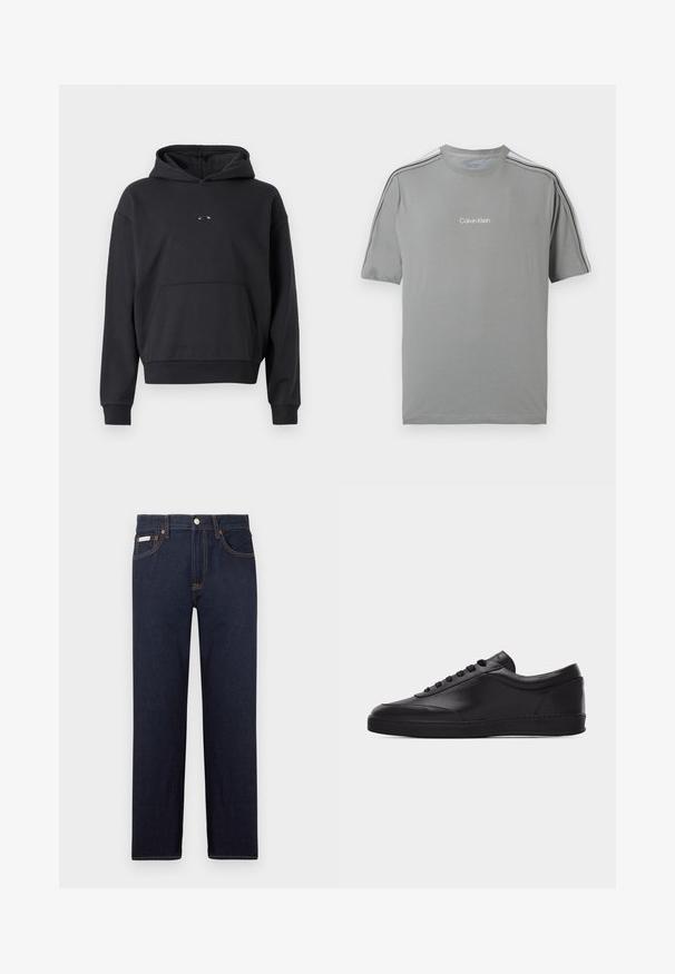 Schwarzer Hoodie aus Baumwollmischung, mit einer Kängurutasche, gerippten Bündchen und einem Logodetail auf der Brust. Klassische, lockere Passform.; Graues T-Shirt mit kurzen Ärmeln, schwarzen Streifen an Schultern und Ärmeln und weißem "Calvin Klein"-Logo auf der Brust.; Dunkelblaue Denim-Jeans mit geradem Schnitt, einem klassischen Fünf-Taschen-Design und kontrastierenden orangen Nähten. Mit metallischem Knopfverschluss.; Schwarzer flacher Leder-Sneaker mit Schnürung vorne und flacher Gummisohle, seitlich auf einem schlichten weißen Hintergrund gezeigt.