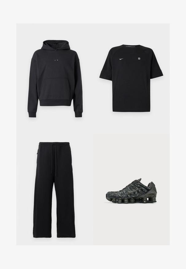 Hoodie noir en mélange de coton, avec une poche kangourou, des poignets côtelés et un logo sur la poitrine. Coupe classique et décontractée.; T-shirt de sport noir à manches courtes Nike avec logo swoosh blanc sur le côté gauche de la poitrine et petit emblème carré sur le côté droit de la poitrine, fond uni.; Pantalons de survêtement noirs en tissu doux, dotés d'une taille avec cordon de serrage, d'une coupe large et de poches latérales avec une texture lisse.; Chaussure de course noire Nike avec amorti segmenté de la semelle et motif blanc tacheté sur le tissu supérieur, vue de côté extérieur.