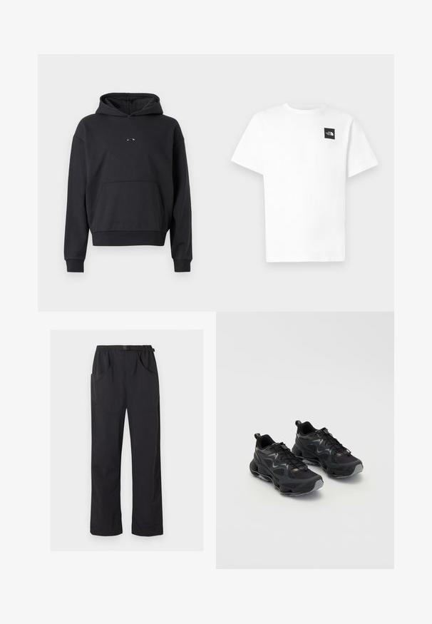 Zwarte hoodie van een katoenmix, voorzien van een kangoeroezak, ribgebreide manchetten en een logopatch op de borst. Klassieke, relaxte pasvorm.; Wit katoenen T-shirt met korte mouwen, voorzien van een zwart vierkant logo op de linkerborst en een ronde hals.; Zwarte broek met rechte pijpen, elastische tailleband en verstelbare gesp riem, voorzien van voor- en zijzakken.; Zwarte sportschoenen met een gestructureerde mesh bovenkant, voorzien van een chunky zool, vetersluiting en subtiele grijze accenten.