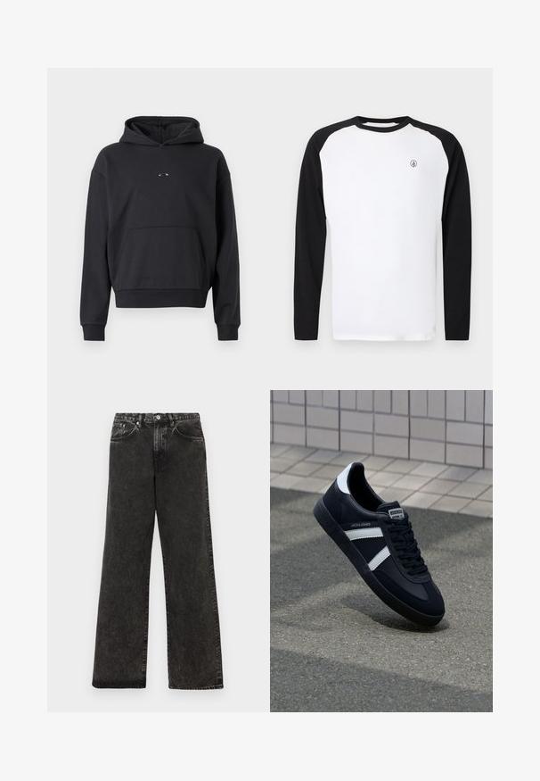 Schwarzer Hoodie aus Baumwollmischung, mit einer Kängurutasche, gerippten Bündchen und einem Logodetail auf der Brust. Klassische, lockere Passform.; Langarm-T-Shirt mit Rundhalsausschnitt, weißem Körper und schwarzen Raglanärmeln. Mit kleinem Logo auf der Brust. Hergestellt aus Baumwollmaterial.; Schwarze Jeans im weit geschnittenen Design aus Denim mit einem verwaschenen Textur, fünf Taschen, vorderem Knopfverschluss und silbernen Hardware-Akzenten.; Schwarze Leder-Sneaker mit weißen Streifen, strukturiertem Gummisohle und Schnürung. Verfügt über ein Markenetikett auf der Zunge.