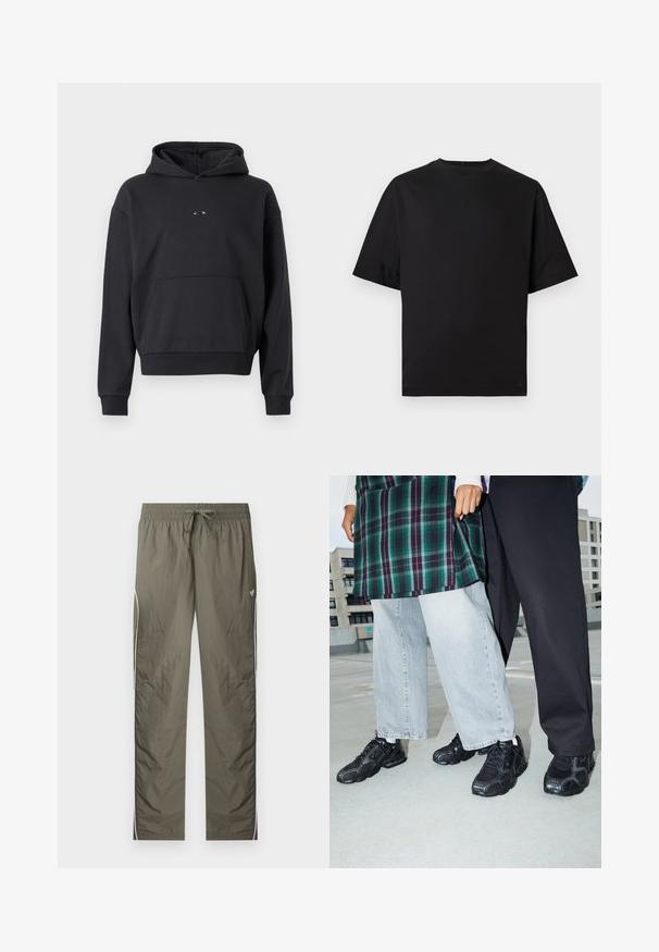 Zwarte hoodie van een katoenmix, voorzien van een kangoeroezak, ribgebreide manchetten en een logopatch op de borst. Klassieke, relaxte pasvorm.; Zwart T-shirt met korte mouwen en een ronde hals, voorzien van een klein, subtiel logo op de borst, afgebeeld tegen een effen lichte achtergrond.; Lichtgewicht trainingsbroek in olijfgroen met elastische tailleband, trekkoord, witte strepen aan de zijkant en een klein vlinderlogo op de rechterdij.; Zwarte sportieve schoenen met mesh- en rubberaccenten. Draagt een lichtgrijze wijde spijkerbroek en een groen geruit shirt. Effen achtergrond.