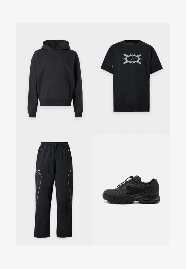 Schwarzer Hoodie aus Baumwollmischung, mit einer Kängurutasche, gerippten Bündchen und einem Logodetail auf der Brust. Klassische, lockere Passform.; Schwarzes Baumwoll-T-Shirt mit zentralem silbernem Motiv, das ein Nike-Logo und eine abstrakte Form zeigt. Kurzärmlig, Rundhalsausschnitt, lockere Passform.; Schwarze Nike-Sporthose mit elastischem Bund, Kordelzug, seitlichen Reißverschlusstaschen und weißen reflektierenden Paspelierungen an den Beinen.; Schwarzer athletischer Sneaker mit strukturiertem Stoff, dicker gepolsterter Sohle, Luftauslässen und Schnürverschluss, von der Seite auf hellem Hintergrund gezeigt.