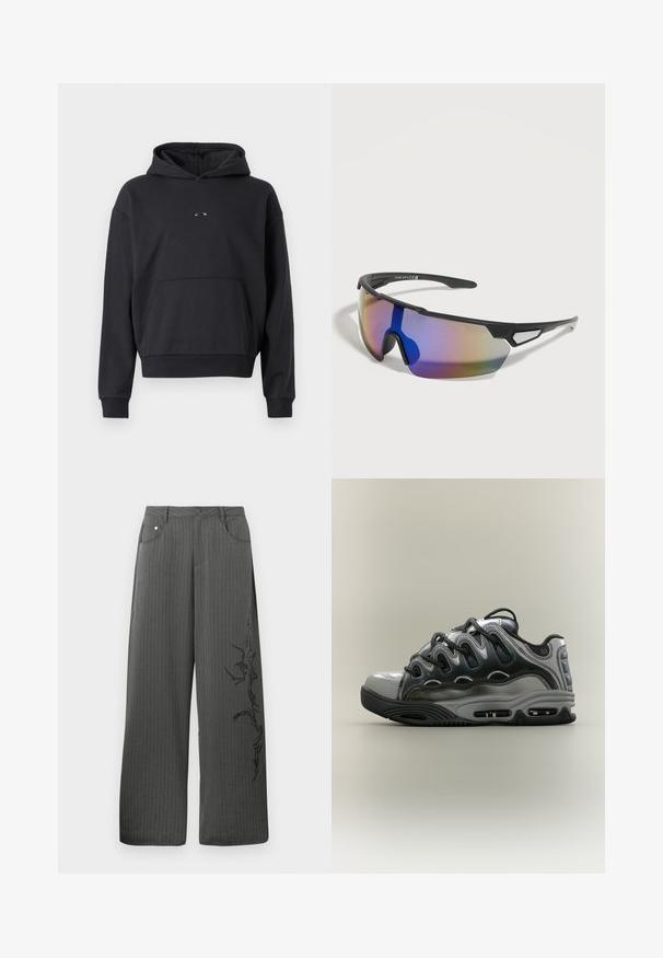 Sort hættebluse lavet af en bomuldsblanding, med en kængurulomme, ribbede manchetter og et logodetalje på brystet. Klassisk, afslappet pasform.; Bredbenede, mørkegrå stofbukser med striber, som har forlommer og et sort dekorativt print på venstre side.; Sort og grå atletisk sneaker med bølgelignende design, synlige luftsålenheder og sorte snørebånd på en neutral baggrund.; Sportssolbriller med sort stel, enkelt buet regnbuefarvet linse og åbne trekantede sideventiler på hvid baggrund.