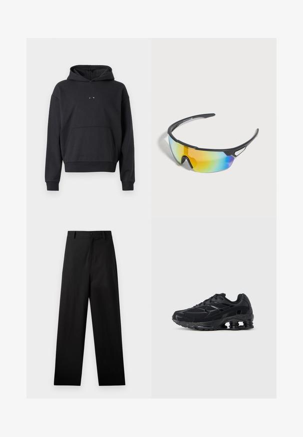 Schwarzer Hoodie aus Baumwollmischung, mit einer Kängurutasche, gerippten Bündchen und einem Logodetail auf der Brust. Klassische, lockere Passform.; Schwarze Baumwollhosen mit geradem Bein, ausgestattet mit einem vorderen Knopfverschluss und Seiten Taschen. Glatte Textur, keine Muster.; Schwarzer Sportschuh mit Obermaterial aus Mesh, gepolstertem Kragen und hervorgehobener Dämpfungstechnologie an der Ferse. Verfügt über strukturierte Akzente und Schnürsenkel.; Schwarze Sportsonnenbrille mit rahmenumfassenden, regenbogengetönten Gläsern und leichtem Rahmen, entworfen für Outdoor-Aktivitäten.