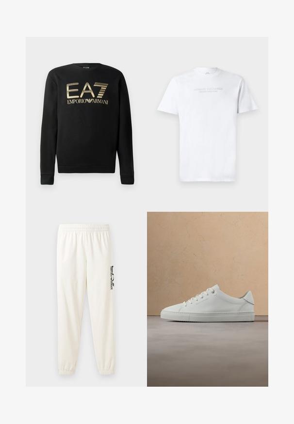Sudadera negra con cuello redondo, que presenta el logo dorado de EA7 Emporio Armani en el pecho. Tejido suave con puños y dobladillo acanalados.; Camiseta blanca de algodón con cuello redondo, mangas cortas y logo en relieve "ARMANI EXCHANGE MILANO/NEW YORK" en la parte frontal.; Pantalones deportivos de un color beige claro con cinturilla elástica y puños elásticos. Presenta un logo negro impreso en la pierna izquierda. Textura de tela suave.; Zapatilla baja de cuero blanco con cordones, suspendida en el aire sobre una alfombra beige texturizada, cerca de una mesa de café redonda de madera con libros.