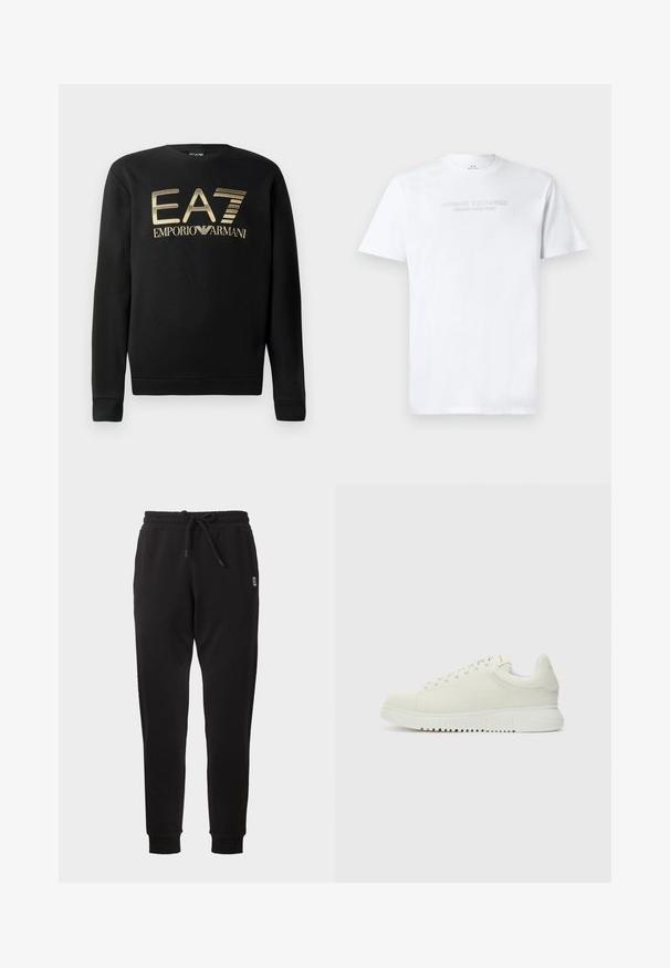 Zwart sweatshirt met ronde hals, voorzien van het gouden EA7 Emporio Armani-logo op de borst. Zachte stof met geribbelde mouwen en onderrand.; Witte katoenen t-shirt met een ronde hals, korte mouwen en een reliëflogo "ARMANI EXCHANGE MILANO/NEW YORK" op de voorkant.; Zwarte taps toelopende joggingbroek met elastische tailleband, trekkoord, zijzakken en geribde boorden, afgebeeld op een effen achtergrond.; Witte leren sneaker met een textuur bovenkant, ronde neus, vlakke witte zool en tonale veters. Subtiele branding op de tong.