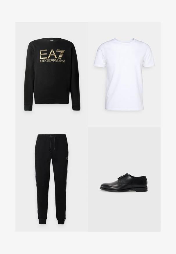 Sudadera negra con cuello redondo, que presenta el logo dorado de EA7 Emporio Armani en el pecho. Tejido suave con puños y dobladillo acanalados.; Camiseta blanca de manga corta en tejido de algodón con cuello redondo. Diseño simple sin patrones ni acentos. Textura suave.; Pantalones de chándal negros con un ajuste relajado, cinturilla elástica, cordón, bolsillos laterales y franjas laterales blancas con acentos de logo.; Zapato de vestir de cuero negro con punta redondeada, diseño con cordones, textura suave y suela de goma de perfil bajo. Detalles de costura mínimos.