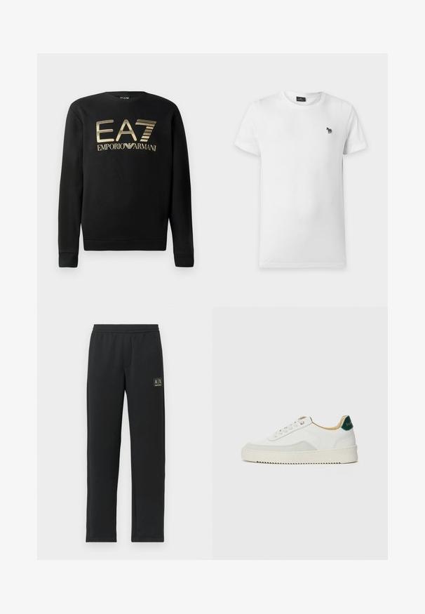 Mustapaita, jossa on pyöreä kaula-aukko, ja kultainen EA7 Emporio Armani -logo rinnassa. Pehmeää kangasta, jossa ribbireunat hihoissa ja helmassa.; Yksinkertainen valkoinen lyhythihainen pyöreäkauluksinen t-paita, jossa vasemmassa rinnassa pieni mustavalkoraidallinen seeprakuvioinen logo.; Musta suoralahkeinen collegehousut, joissa on joustava vyötärö ja musta tikkilogo vasemmassa yläreidessä.; Valkoiset tennarit, joissa on nahkaosia, pyöreä kärki, tasaiset nauhat ja kermaisa kumi-pohja. Takana vihreä brändäys.