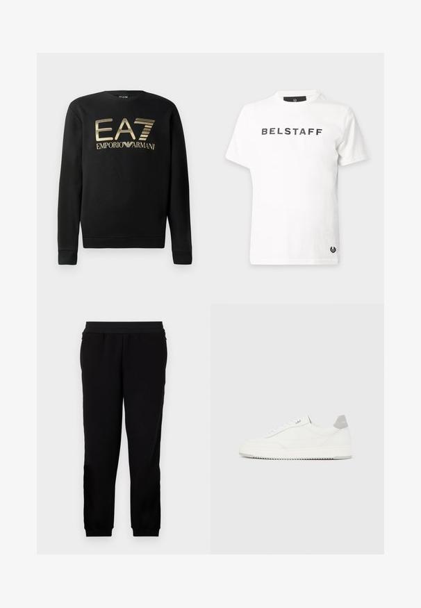 Zwart sweatshirt met ronde hals, voorzien van het gouden EA7 Emporio Armani-logo op de borst. Zachte stof met geribbelde mouwen en onderrand.; Wit T-shirt met korte mouwen en ronde hals met zwarte tekst "BELSTAFF" op de borst en een klein zwart logo bij de onderzoom aan de linkerkant.; Zwarte sportbroek gemaakt van zachte stof, met een elastische tailleband, getailleerde manchetten en zijzakken voor extra gemak.; Witte lage sneaker met grijze hielpatch, witte veters en een gestructureerde zool, gepresenteerd op een effen lichte achtergrond.