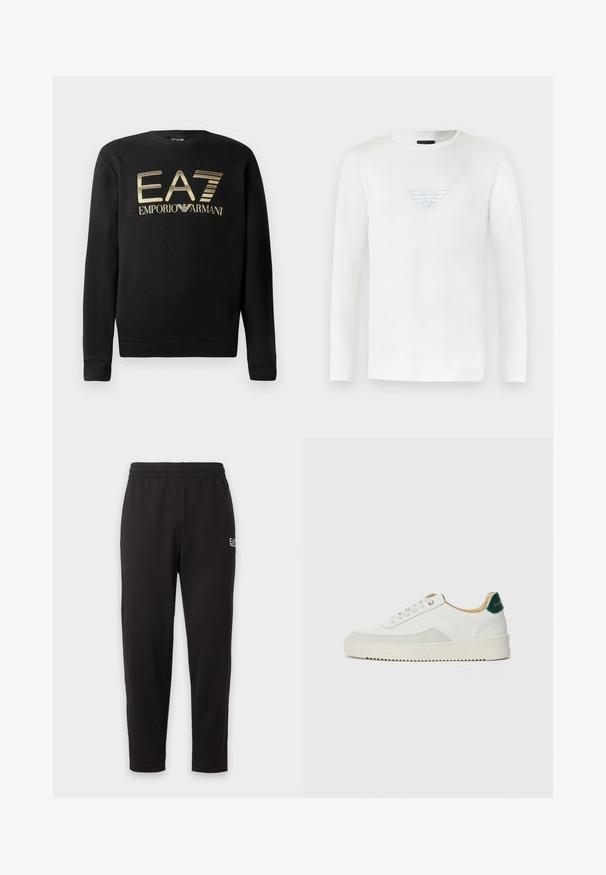 Zwart sweatshirt met ronde hals, voorzien van het gouden EA7 Emporio Armani-logo op de borst. Zachte stof met geribbelde mouwen en onderrand.; Witte lange mouw sweatshirt met ronde hals en geprofileerd Emporio Armani adelaar logo centraal op de borst.; Zwarte joggingbroek met elastische taille, taps toelopende pijpen en een klein wit logo op het bovenste linker bovenbeen.; Witte sneaker met suède accenten, ronde neus, platte veters en een crème rubberen zool. Bevat groene branding op de hiel.