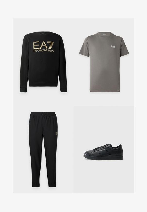 Zwart sweatshirt met ronde hals, voorzien van het gouden EA7 Emporio Armani-logo op de borst. Zachte stof met geribbelde mouwen en onderrand.; Grijs T-shirt met korte mouwen en ronde hals met wit EA7 Emporio Armani-logo op de linkerborst en aan de binnenkant van de kraag.; Zwarte sportbroek met een gestructureerde stof, elastische taille, trekkoord, taps toelopende pijpen en een klein gouden logo aan de linkerkant.; Zwarte leren sneaker met een gladde afwerking, ronde neus, vetersluiting aan de voorkant, gevoerde kraag en getextureerde zijaccenten. Subtiele logo-detail zichtbaar.