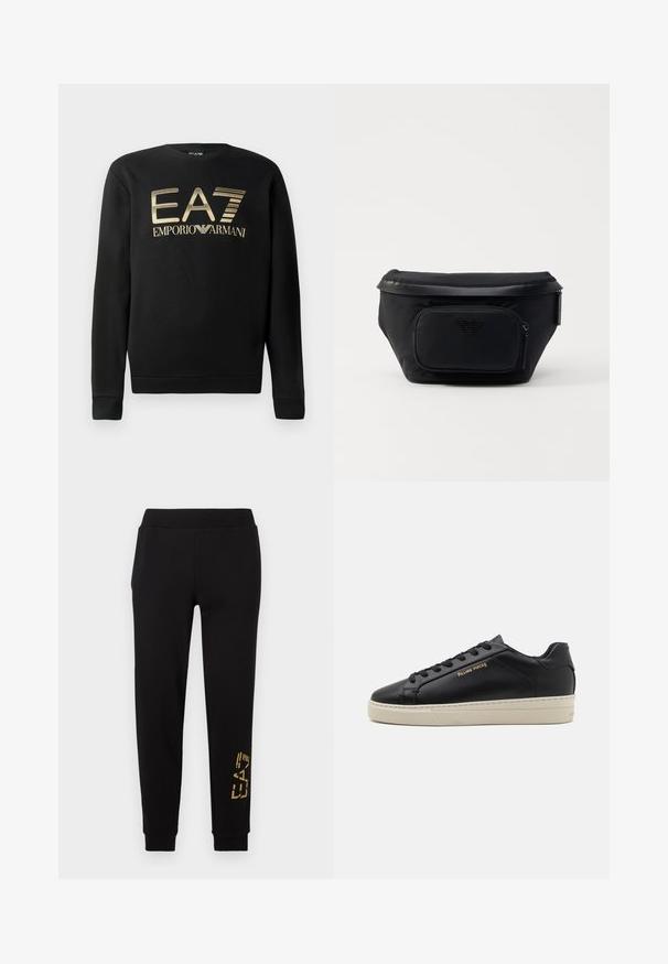 Čierna mikina s okrúhlym výstrihom, s vyšívaným zlatým logom EA7 Emporio Armani na hrudi. Mäkčená tkanina s rebrovanými manžetami a spodným okrajom.; Čierne teplákové nohavice s voľným strihom, zdobené zlatým grafickým motívom na dolnej časti nohavice a elastickým pásom pre pohodlie.; Čierne kožené tenisky s hladkým povrchom, kontrastnou krémovou podrážkou, zaoblenou špičkou, zlatým logom na boku a šiestimi dierkami na šnúrky.; Čierna nylonová taška s prednou zipsovou kapsou, s hladkým povrchom a akcentom loga. Štruktúrovaný dizajn s prehnutým vrchom.