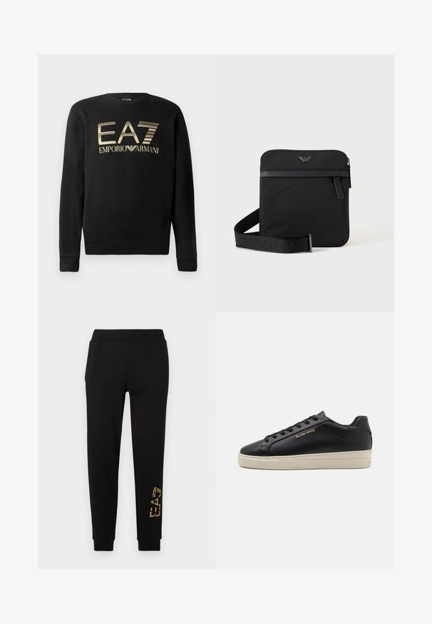 Mustsa kapuutsita sviiter, millel on rinna peal kuldne EA7 Emporio Armani logo. Pehme kangas ribiga varrukate ja äärtega.; Musta lõdva lõikega dressipüksid, mille alumisel säärel on kuldne graafiline disain ja elastne vöökoht mugavuseks.; Must have nahkased jalatsid sujuva viimistlusega, kontrastse kreemja talla, ümarate varvastega, kuldse logoga külgedel ja kuue silmaga nööride jaoks.; Must ruudukujuline õlakott tõmblukuga, esitasku ja reguleeritava rihmaga, millel on reljeefne kaubamärgi nimi.
