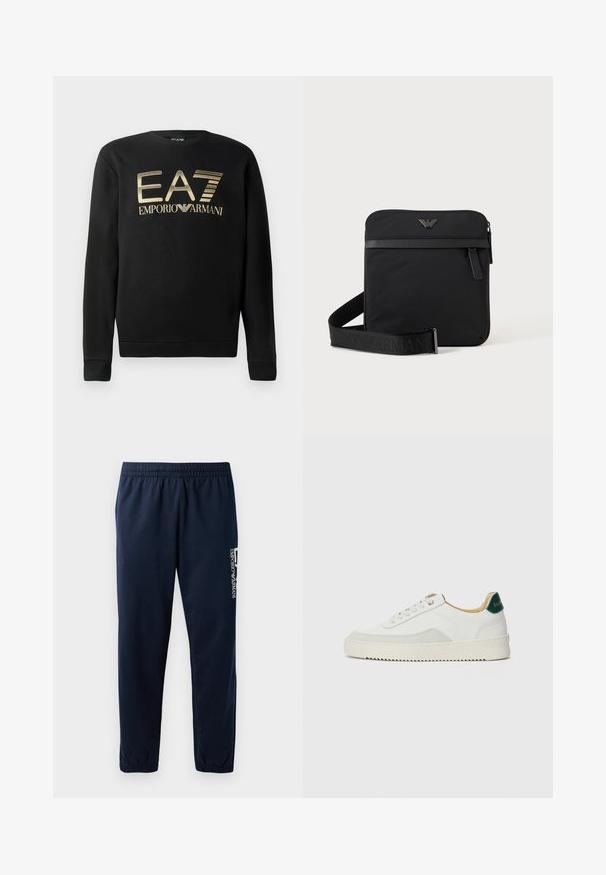 Zwart sweatshirt met ronde hals, voorzien van het gouden EA7 Emporio Armani-logo op de borst. Zachte stof met geribbelde mouwen en onderrand.; Marineblauwe trainingsbroek met een elastische tailleband, taps toelopende pijpen en een wit logo aan de zijkant. Gladde stof met een lichte textuur.; Witte sneaker met suède accenten, ronde neus, platte veters en een crème rubberen zool. Bevat groene branding op de hiel.; Zwarte vierkante schoudertas met ritssluiting, voorvak en verstelbare band met geperste merknaam.