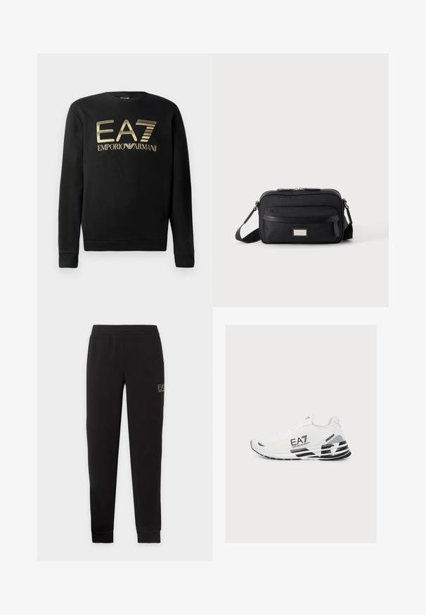 Zwart sweatshirt met ronde hals, voorzien van het gouden EA7 Emporio Armani-logo op de borst. Zachte stof met geribbelde mouwen en onderrand.; Zwarte taps toelopende joggingbroek met elastische tailleband en boorden, met een klein EA7 Emporio Armani-logo op de bovenste rechterdij.; Witte EA7 Emporio Armani hardloopschoen met zwarte accenten, veters en de tekst "CRUSHER" op de zijzool.; Zwarte rechthoekige crossbodytas met voorvak met ritssluiting, verstelbare schouderband en zilveren rechthoekige logo-plaat op effen achtergrond.